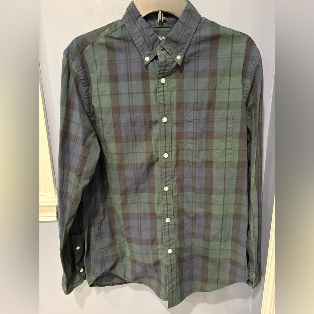 JCREW Men's Green and Navy Plaid Shirt medium